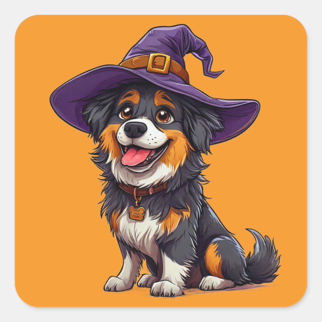 Funny Dog Wearing Purple Wizard Hat Halloween Square Sticker (Front)