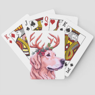Funny dog with antlers and holiday wreath playing cards