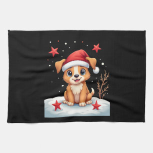 Funny Dog with Christmas Stars for Festive Season  Tea Towel