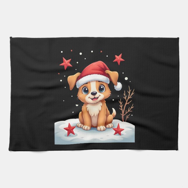 Funny Dog with Christmas Stars for Festive Season  Tea Towel (Horizontal)