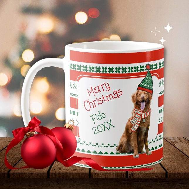 Funny Dog with Elf Hat and Scarf Red Green Custom Coffee Mug (Creator Uploaded)