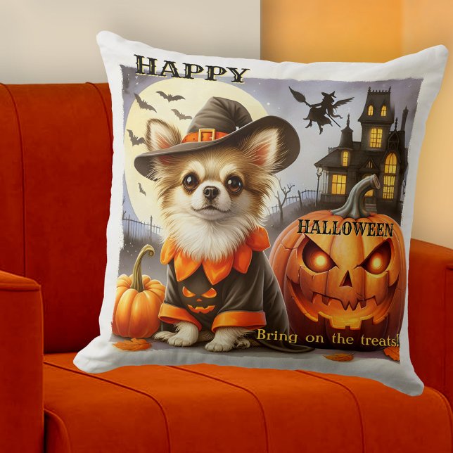 Funny Dog with Pumpkins Halloween Treats Cushion (Colorful artistic pillow featuring a funny dog dressed up for Halloween, surrounded by pumpkins)