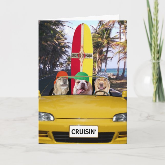 Funny Dogs Cruisin' Surfer Birthday Card (Front)