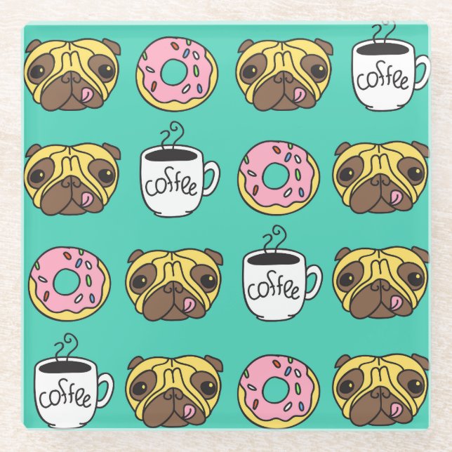 Funny dogs, doughnuts, coffee pattern. glass coaster (Front)