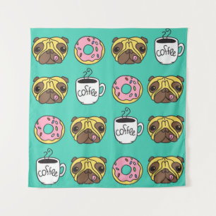 Funny dogs, doughnuts, coffee pattern. tapestry