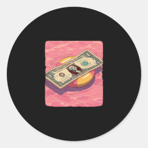 Funny Dollar With Pool Ring For Holiday And Beach Classic Round Sticker