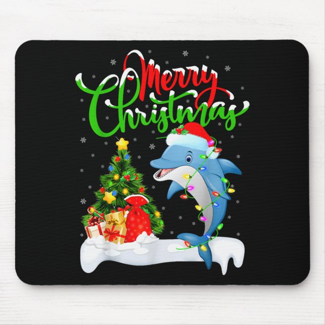 Funny Dolphin Fish Lover Xmas Lighting Dolphin Chr Mouse Pad (Front)