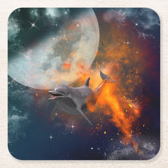 Funny dolphin in the universe square paper coaster (Front)