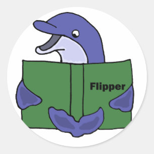 Funny Dolphin Reading Book Cartoon Classic Round Sticker