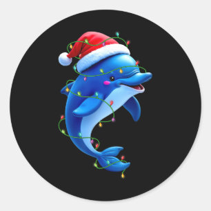 Funny Dolphin Santa Hat Christmas Tree Lights Xmas Classic Round Sticker