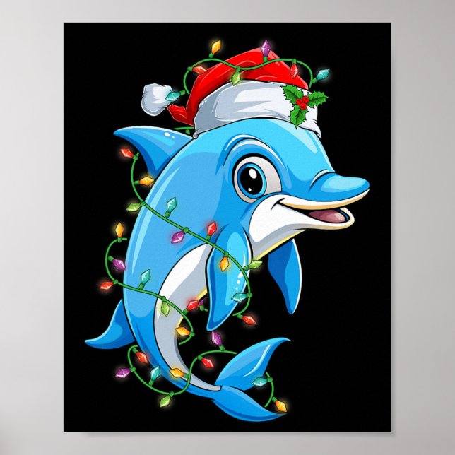 Funny Dolphin Santa Hat Christmas Tree Lights Xmas Poster (Front)