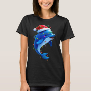 Funny Dolphin Santa Hat Christmas Tree Lights Xmas T-Shirt