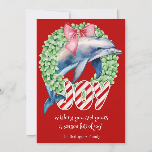 Funny Dolphin Wreath Joy Christmas Holiday Card (Front)