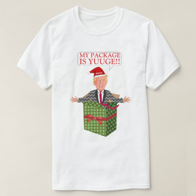 Funny Donald Trump Ugly Christmas Package Humor T-Shirt (Design Front)