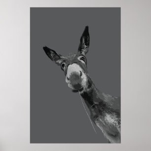 Funny Donkey Grayscale Portrait Art Poster