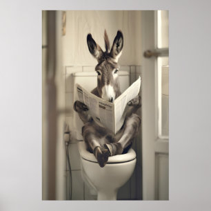 Funny Donkey Toilet Newspaper Print, Whimsical Poster