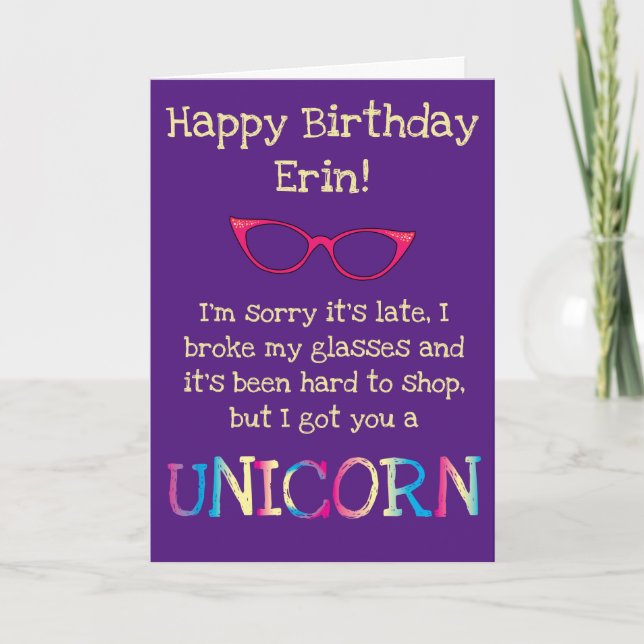 Funny Donkey Unicorn Late Birthday Card (Front)