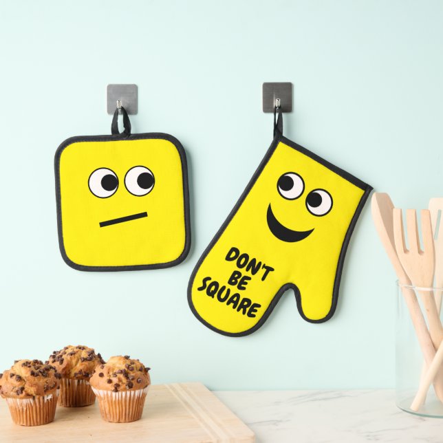 Funny Don't Be Square Cartoon Oven Mitt & Pot Holder Set (Insitu(Hanging))