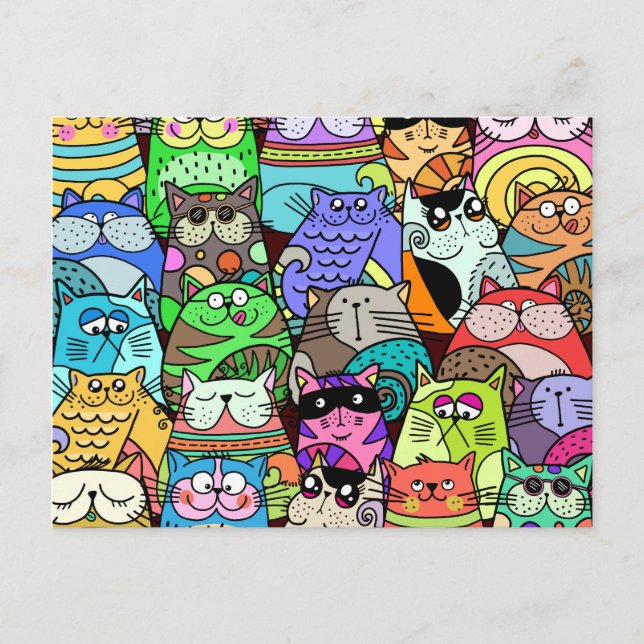 Funny Doodle Crowded Street Cat Gang Postcard (Front)