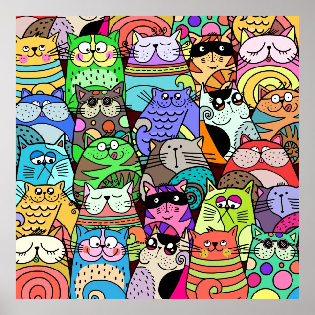 Funny Doodle Crowded Street Cat Gang Poster (Front)