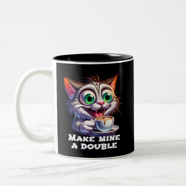 Funny Double Espresso Cat Two-Tone Coffee Mug (Left)