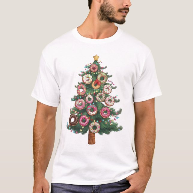 Funny Doughnuts Christmas Tree Lights Xmas PJS T-Shirt (Front)