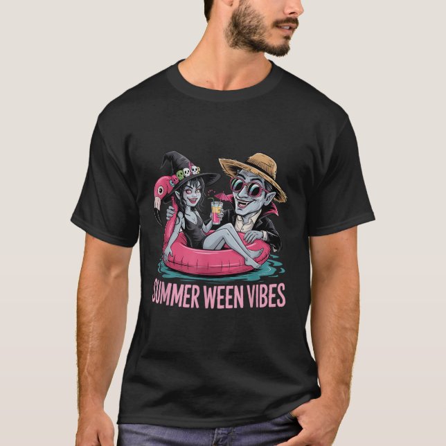 Funny Dracula And Witch Float Halloween Summer Wee T-Shirt (Front)