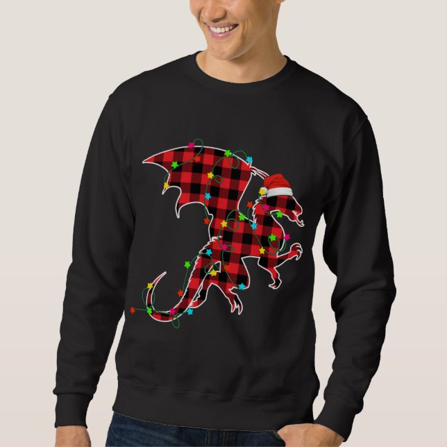 Funny Dragon Christmas Tree Red Plaid Xmas Animals Sweatshirt (Front)