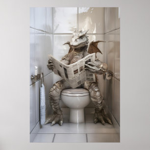 Funny Dragon on Toilet Print Newspaper Reading