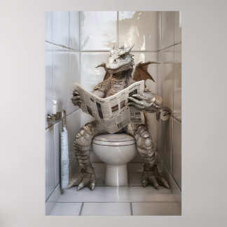 Funny Dragon on Toilet Print Newspaper Reading