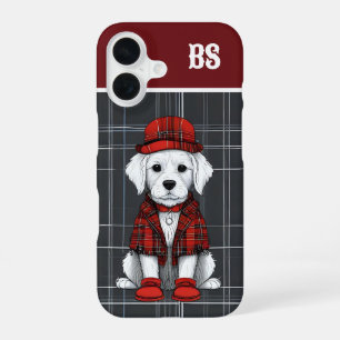 funny dressed up scottish dog - monogram - plaid iPhone 16 case