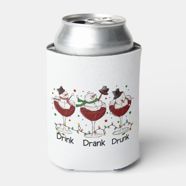 Funny “Drink, Drank, Drunk” Snowman and Wine  Can Cooler (Can Front)