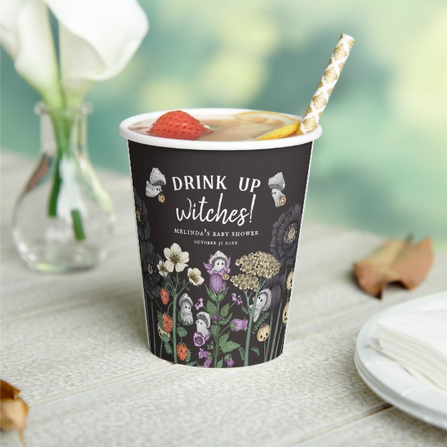 Funny Drink Up Witches Halloween Baby Shower Paper Cups (Insitu)