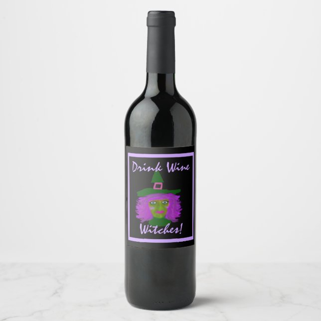 Funny Drink Wine Witches Black Purple Wine Label (Front)