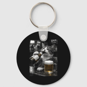 Funny drinking cats at bar white black vintage key ring