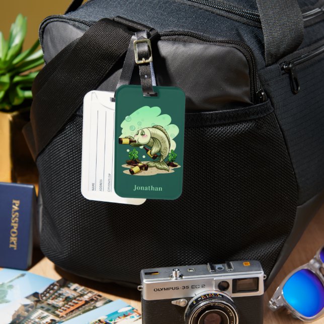 Funny Drinking Fish custom text & colour Luggage Tag (Front & Back)