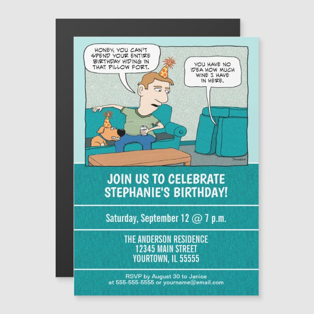 Funny Drinking Wine in Pillow Fort Birthday Party Magnetic Invitation (Front/Back)