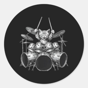 Funny Drummer Cat Playing Drum Set Music Art Classic Round Sticker