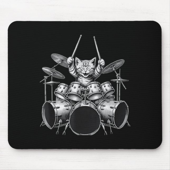 Funny Drummer Cat Playing Drum Set Music Art Mouse Pad (Front)