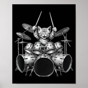 Funny Drummer Cat Playing Drum Set Music Art Poster