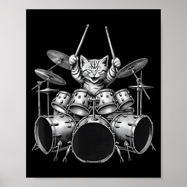 Funny Drummer Cat Playing Drum Set Music Art Poster (Front)