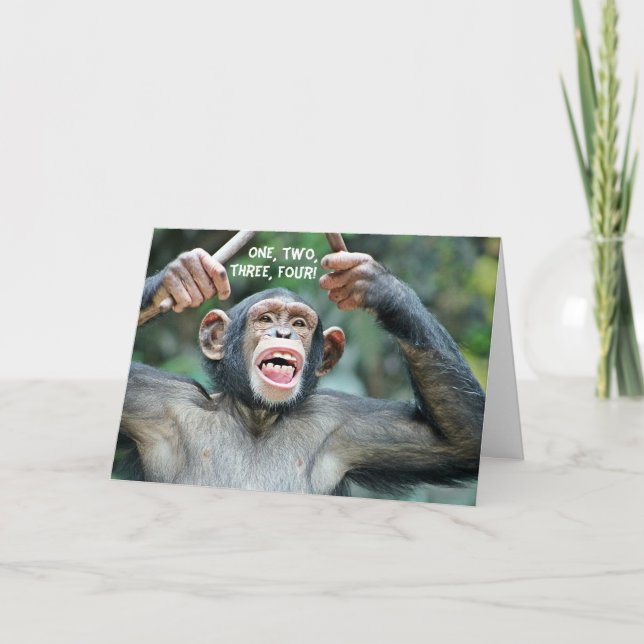 Funny Drummer Chimp Four Count Greeting Card (Front)