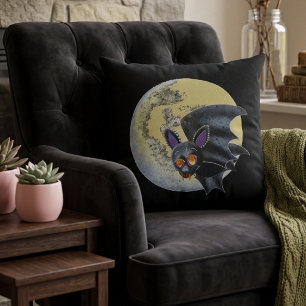 Funny Drunk Halloween Full Moon Bat Cushion