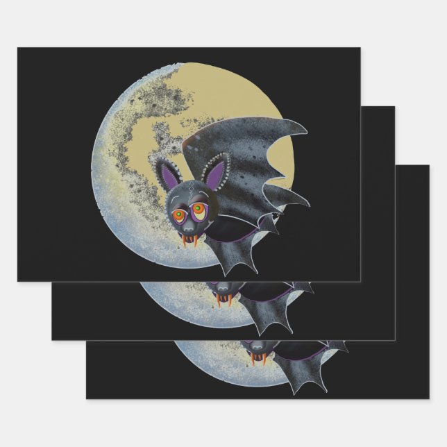 Funny Drunk Halloween Full Moon Bat Wrapping Paper Sheet (Set)