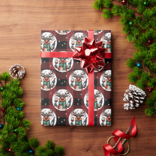 Funny Drunk Reindeer Drinking Wine Buffalo Plaid Wrapping Paper