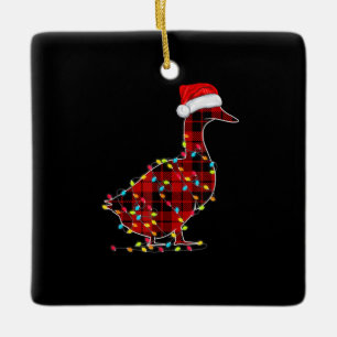 Funny Duck Christmas Light Red Plaid Matching Ceramic Ornament