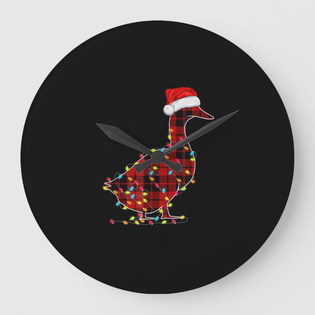 Funny Duck Christmas Light Red Plaid Matching Large Clock (Front)