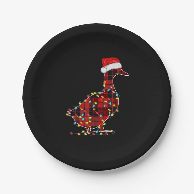 Funny Duck Christmas Light Red Plaid Matching Paper Plate (Front)