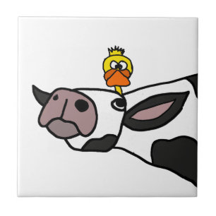 Funny Duck on a Cow Cartoon Ceramic Tile
