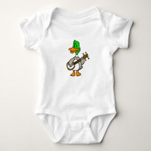 Funny duck playing banjo choose background colou baby bodysuit